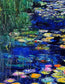Detail of impressionist water lily painting Blue Lily River by Maria-Victoria Checa with vibrant blues and green reeds