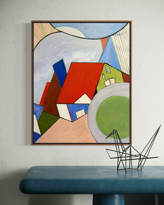 Blueberry Hill abstract painting by Maria-Victoria Checa displayed above a marble table in a modern interior.
