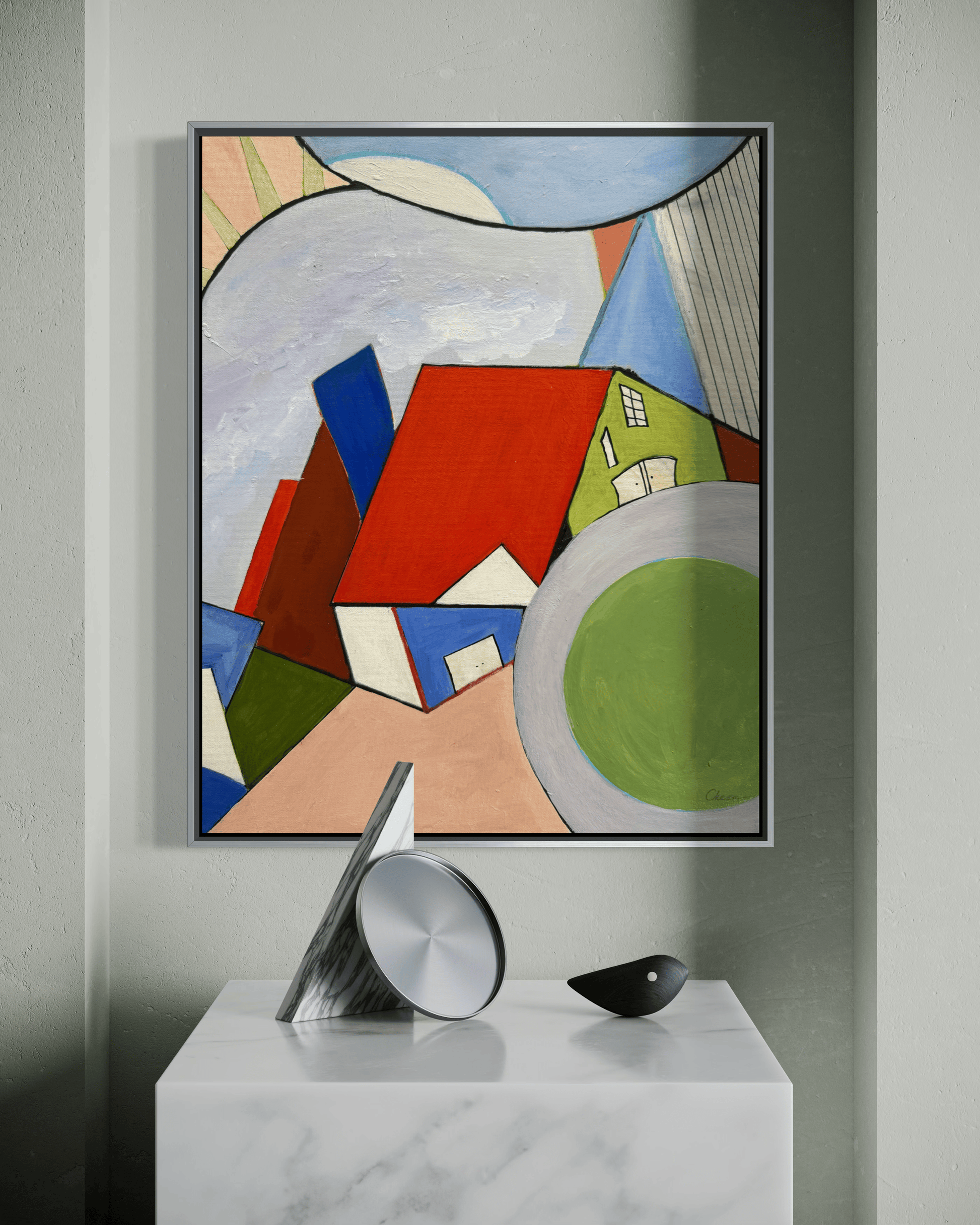 Blueberry Hill abstract painting by Maria-Victoria Checa hanging above a modern sculpture.