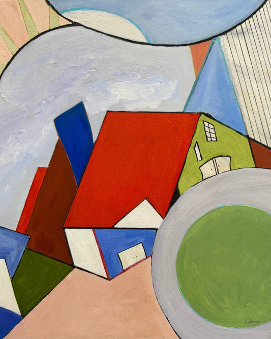 Blueberry Hill award-winning abstract painting by Maria-Victoria Checa featuring geometric houses with a bold red roof and chartreuse facade, circular green topiary, and sweeping curved forms in blue, white, and peach against a soft sky