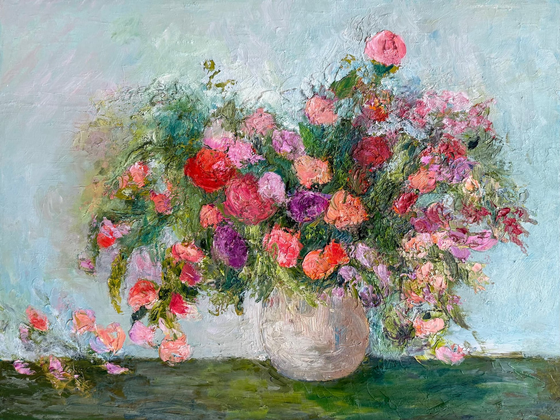 Bouquet of Roses, original impressionist floral oil painting by Washington DC artist Maria-Victoria Checa
