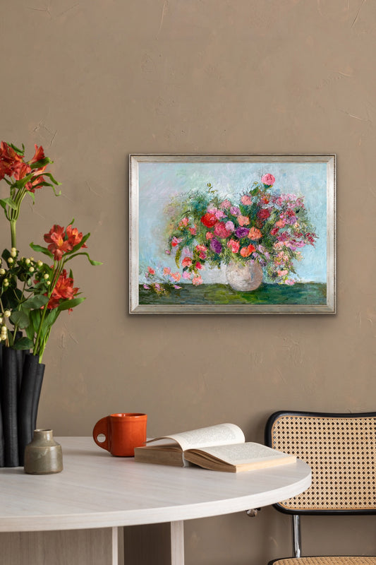 Bouquet of Roses floral painting by Maria-Victoria Checa displayed in a modern interior setting.