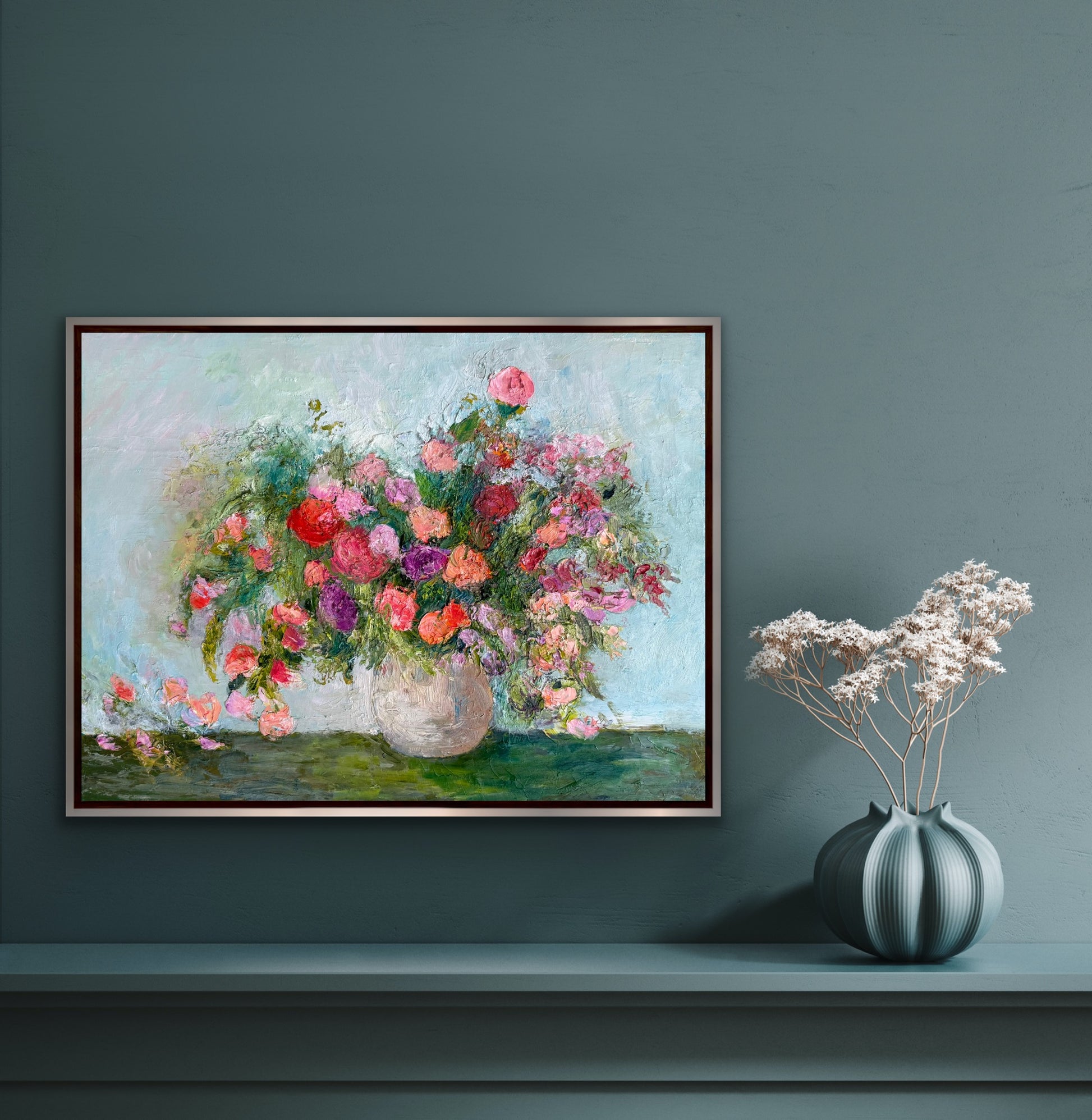 Bouquet of Roses original floral painting by Maria-Victoria Checa styled in a contemporary living room interior.