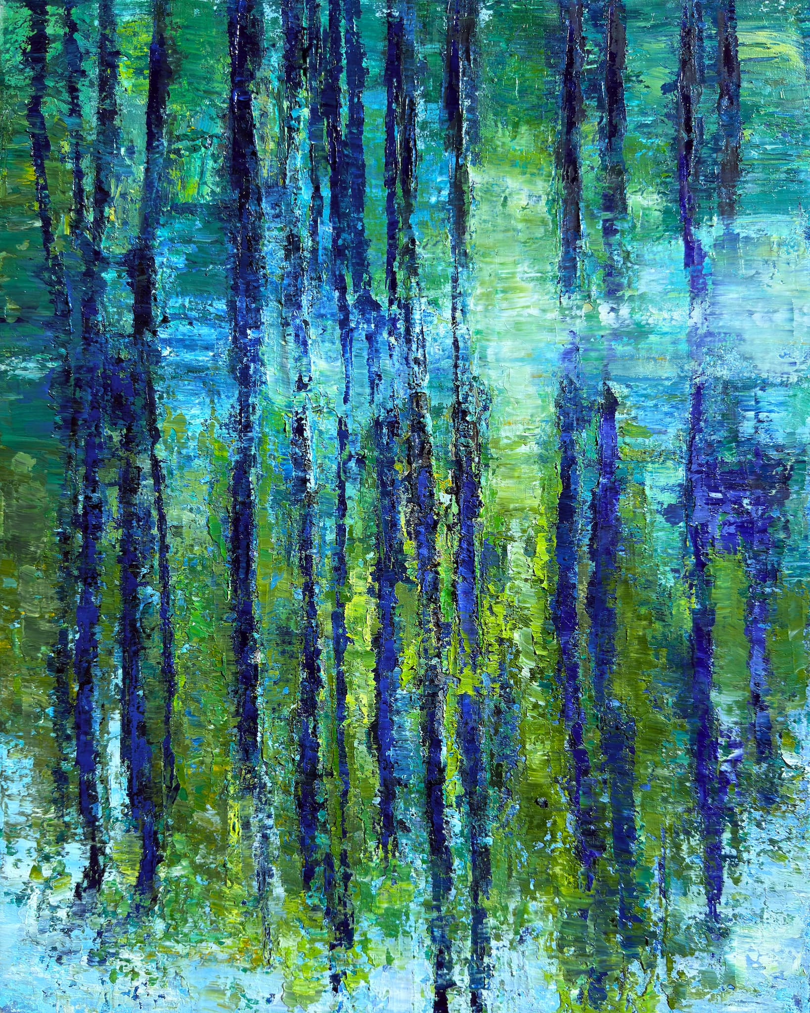 "By the Bayou," is a 16×20 original oil painting by Maria-Victoria Checa featuring heavily textured palette-knife strokes in cobalt blue, indigo, chartreuse, and aquamarine depicting abstract tree reflections on a bayou.