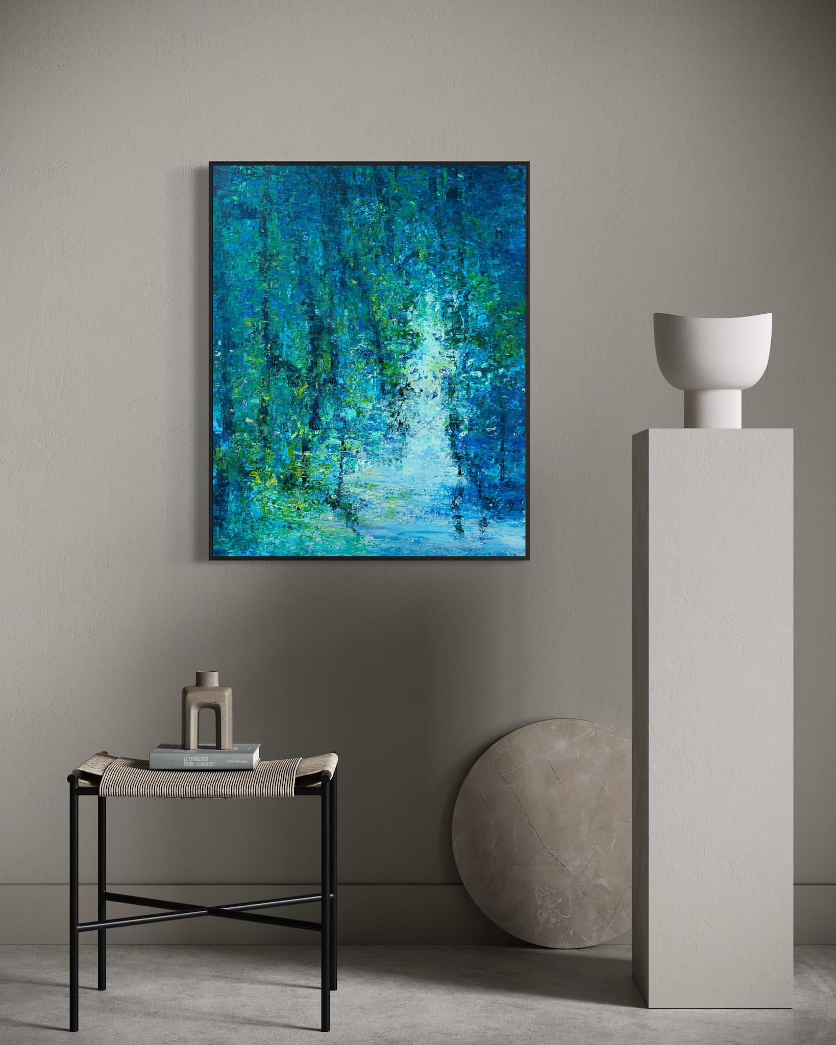 By the Lagoon oil on canvas by Maria-Victoria Checa — luminous teal forest reflection in black frame, minimalist interior wall art