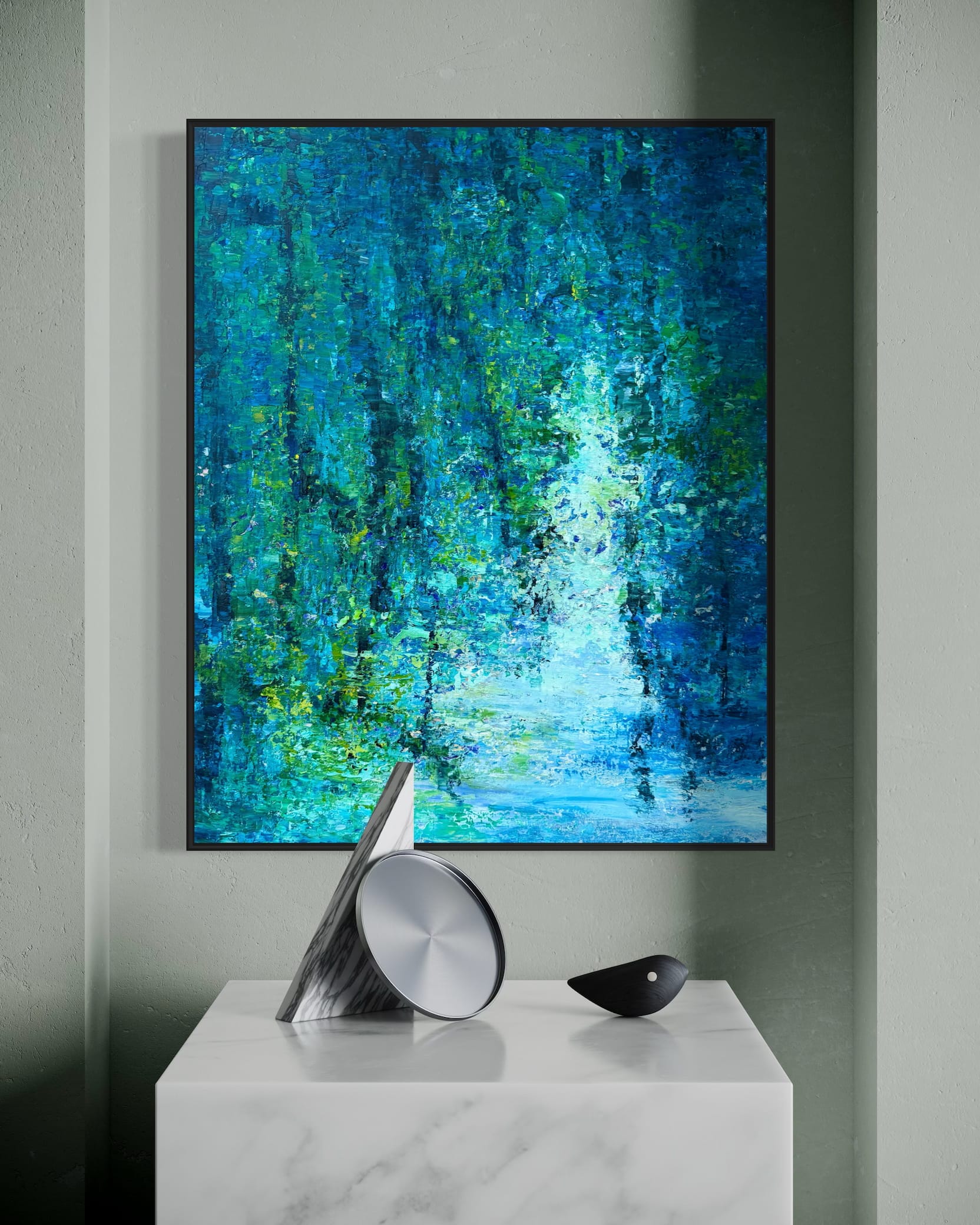 Original oil forest reflection painting By the Lagoon by Checa Art — black frame, deep teal and emerald impressionist landscape, contemporary alcove display