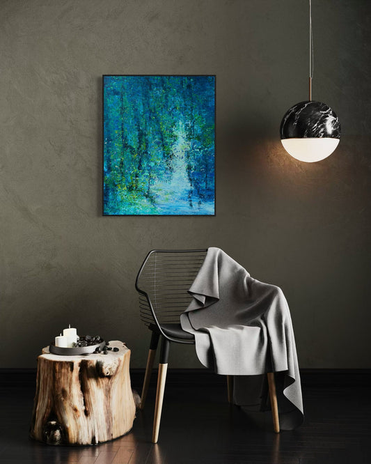 Original oil painting By the Lagoon by Maria-Victoria Checa — moody interior, deep teal forest reflected in lagoon, impressionist wall art