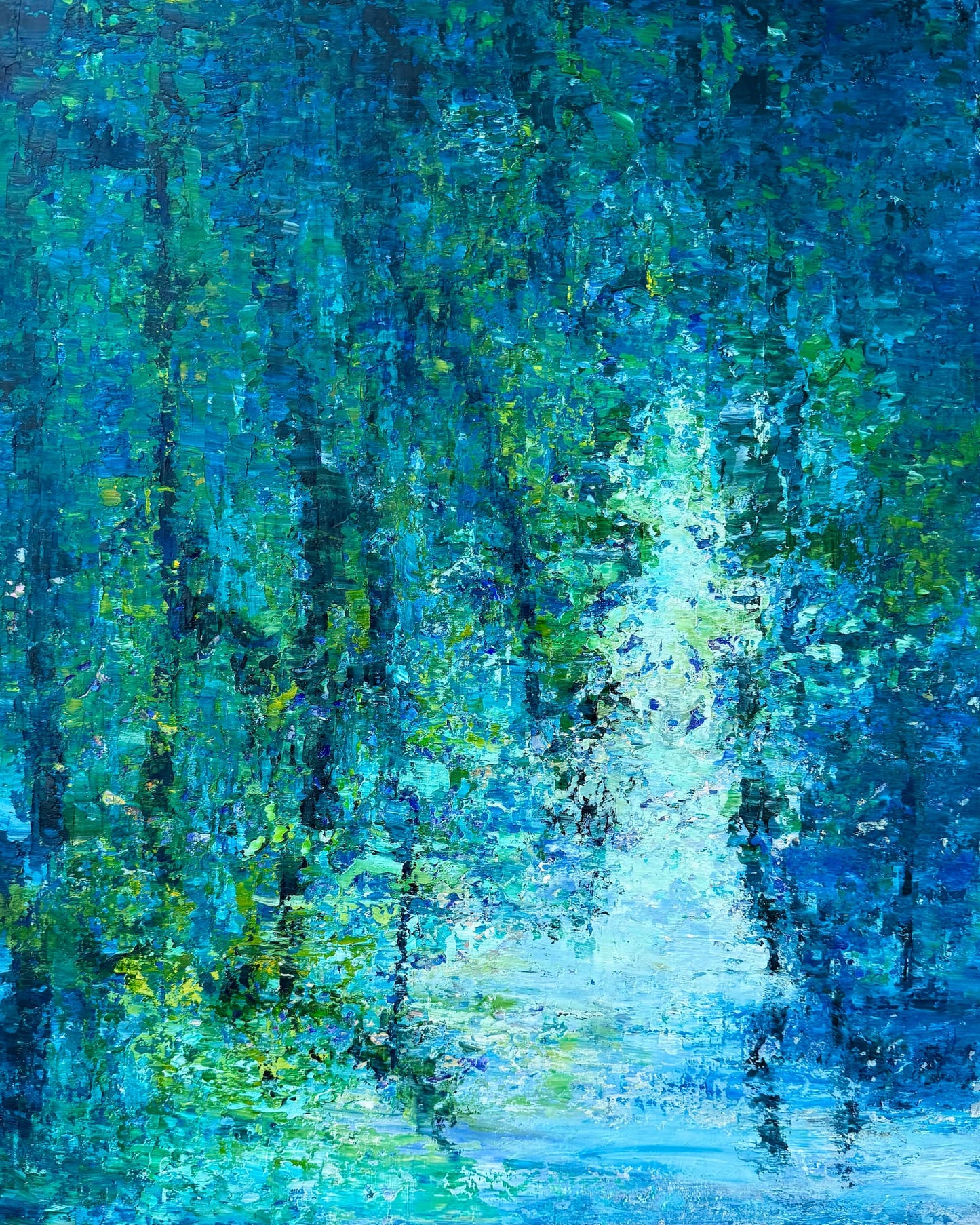 Original oil painting By the Lagoon — forest trees reflected in still water, deep teal and emerald palette-knife brushwork, by Maria-Victoria Checa, 24x30 inches