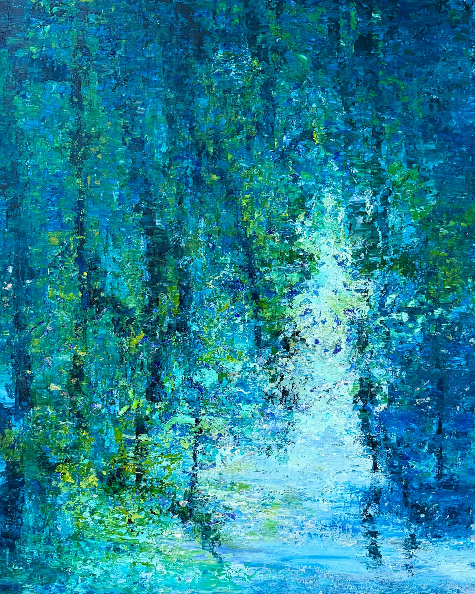 Original oil painting By the Lagoon — forest trees reflected in still water, deep teal and emerald palette-knife brushwork, by Maria-Victoria Checa, 24x30 inches