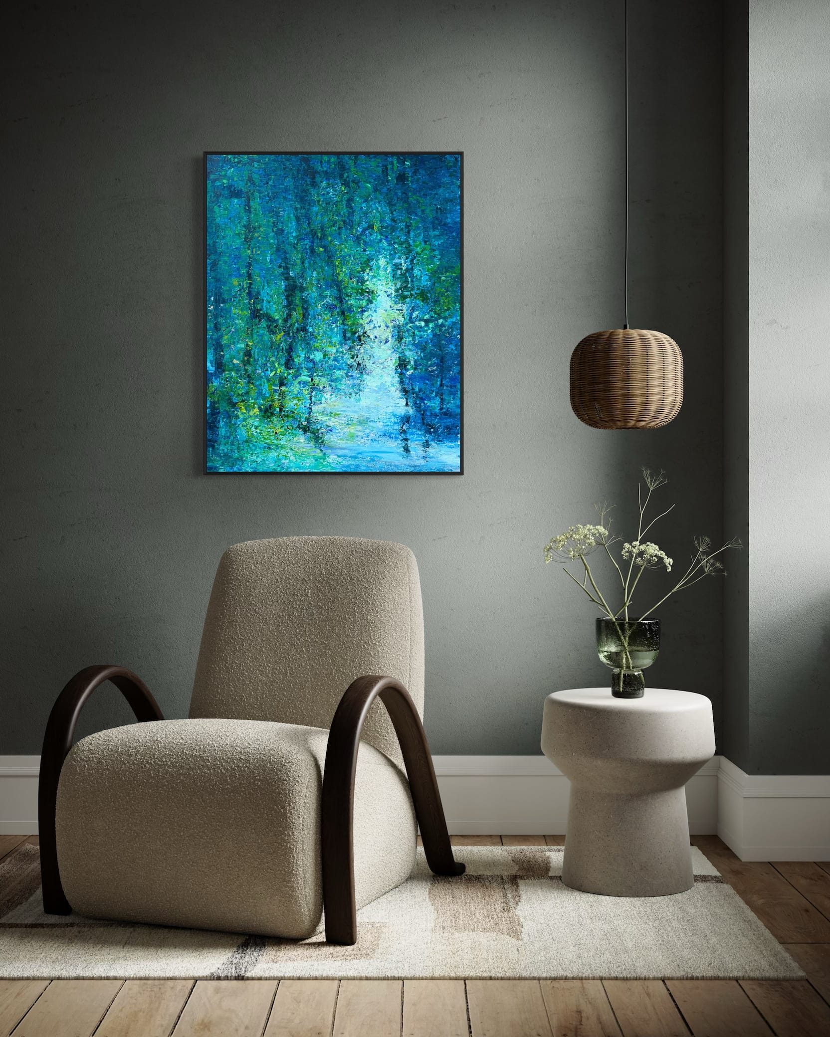 By the Lagoon original oil painting by Maria-Victoria Checa in black float frame — teal forest reflection landscape, modern interior with circular console table