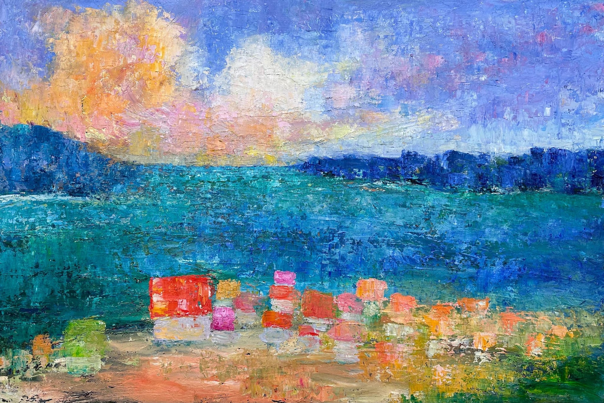 Cabanas, original impressionist beach landscape oil painting by Maria-Victoria Checa, 36x24 in, colorful beach cabanas by teal sea under peach and blue sky