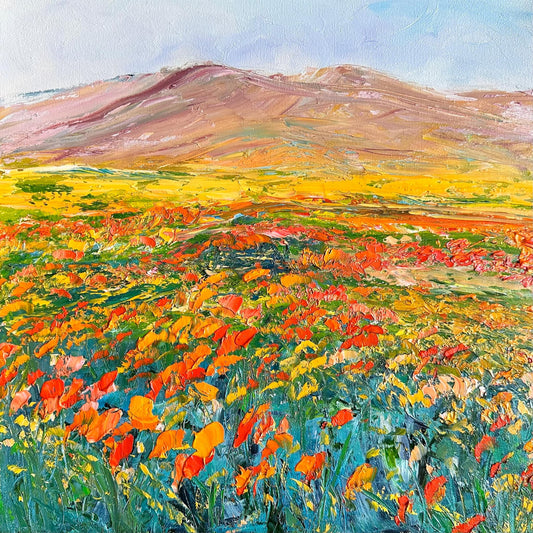 Impressionist palette knife painting of orange and red California poppies and yellow wildflowers with rolling hills behind
