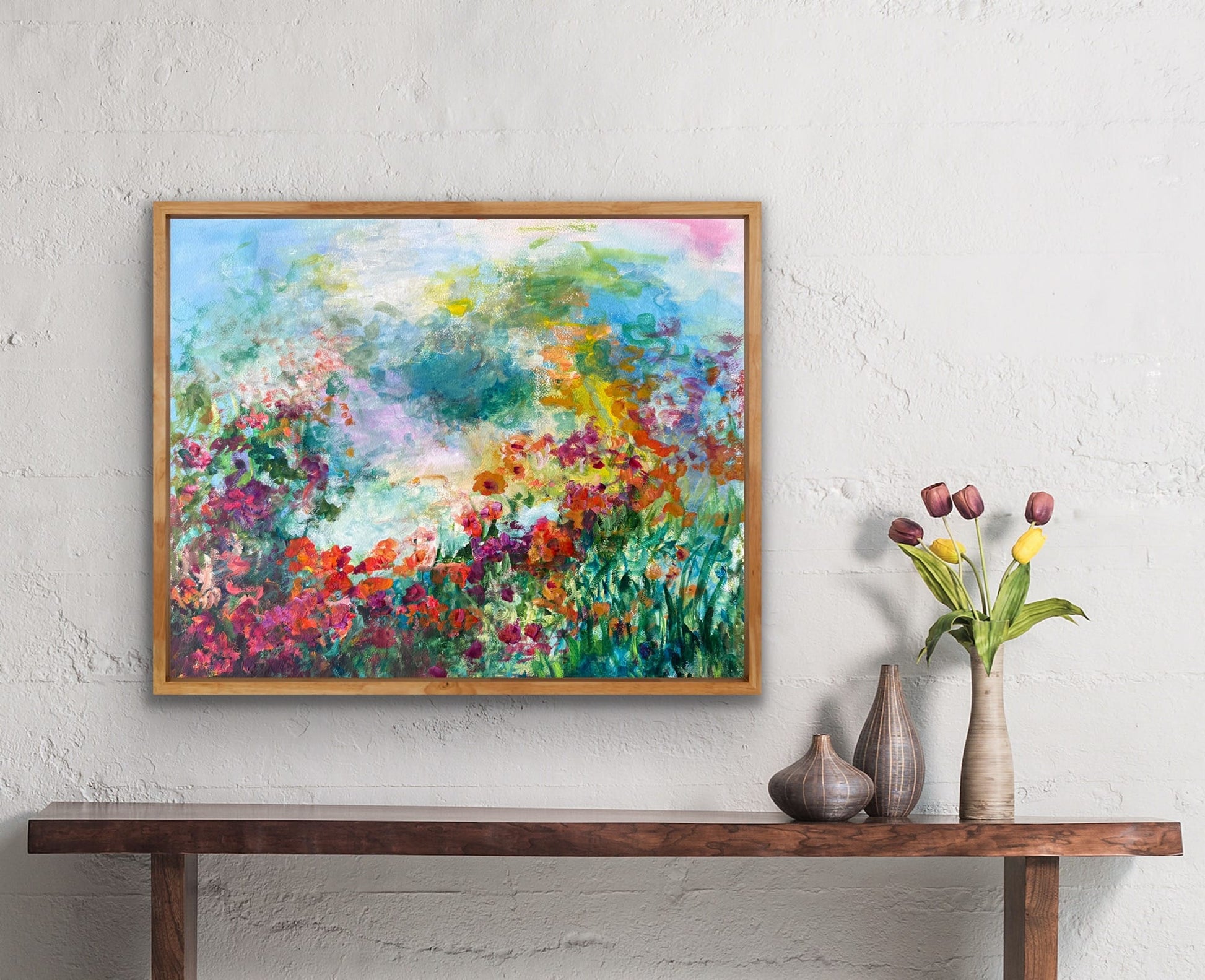 Original watercolor painting Carpe Diem by Maria-Victoria Checa in natural wood float frame — impressionist floral garden, coral and crimson blooms, wall art