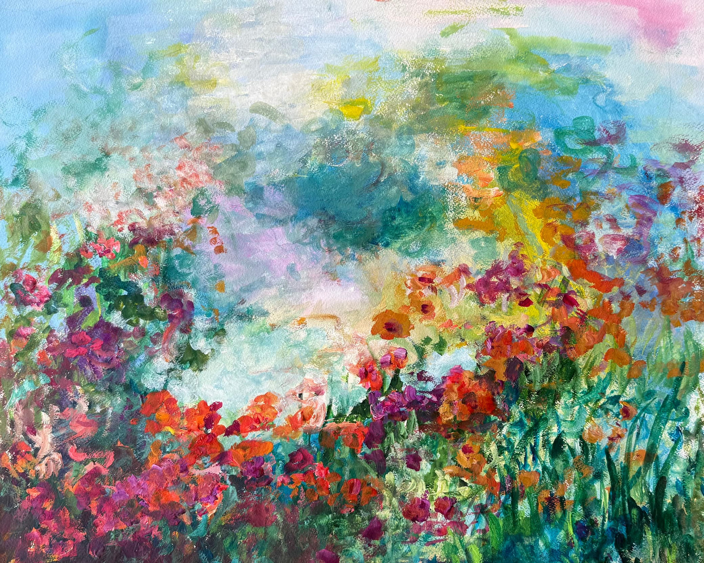 Original watercolor wildflower garden painting on Arches paper — luminous poppies, magenta and coral blooms, impressionist brushwork by Maria-Victoria Checa, 20x16