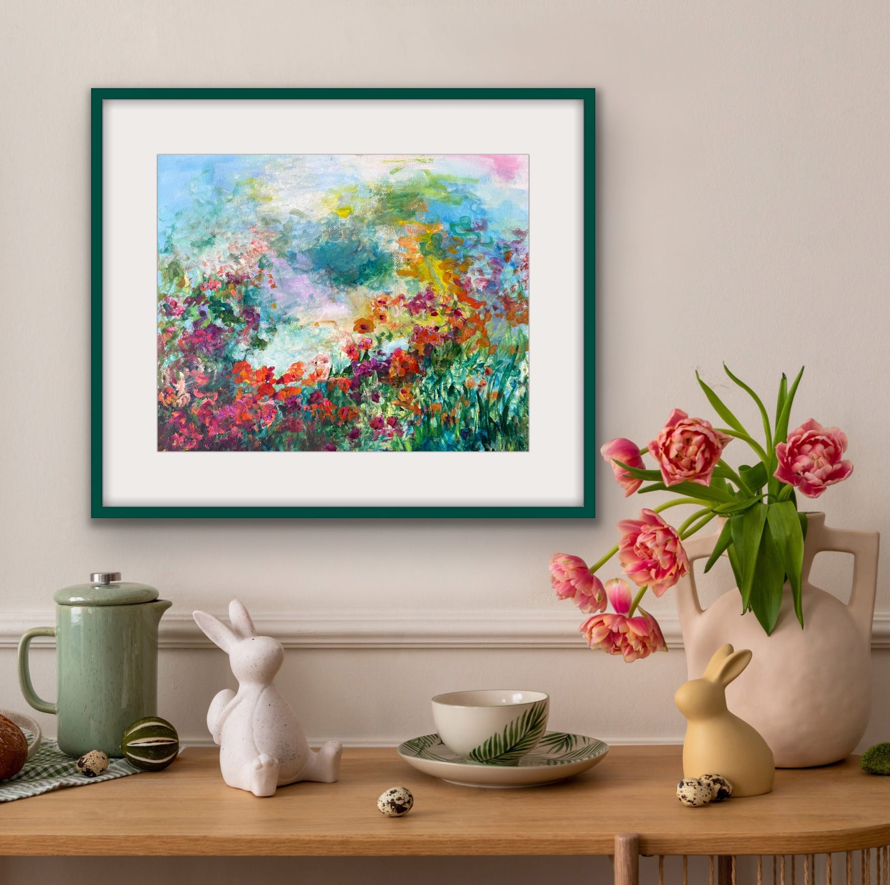 Framed fine art print of Carpe Diem watercolor painting by Maria-Victoria Checa — green frame with white mat, wildflower garden wall art
