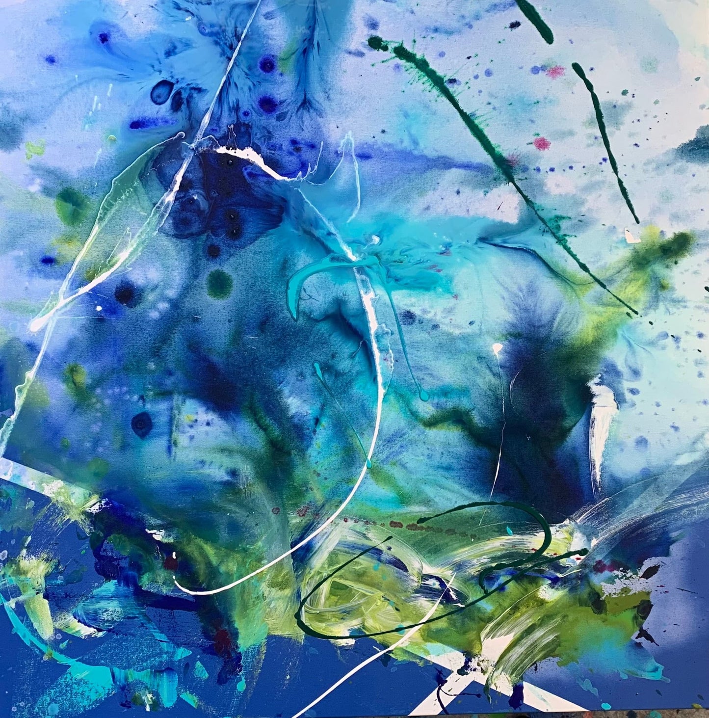 Chimeras, original large abstract acrylic painting by Maria-Victoria Checa, 36x36 in, luminous blue and teal with chartreuse and white gestural marks