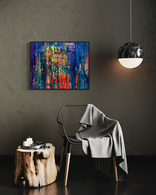 Cognac abstract painting by Maria-Victoria Checa hanging above a lounge chair and pendant light in a contemporary interior.