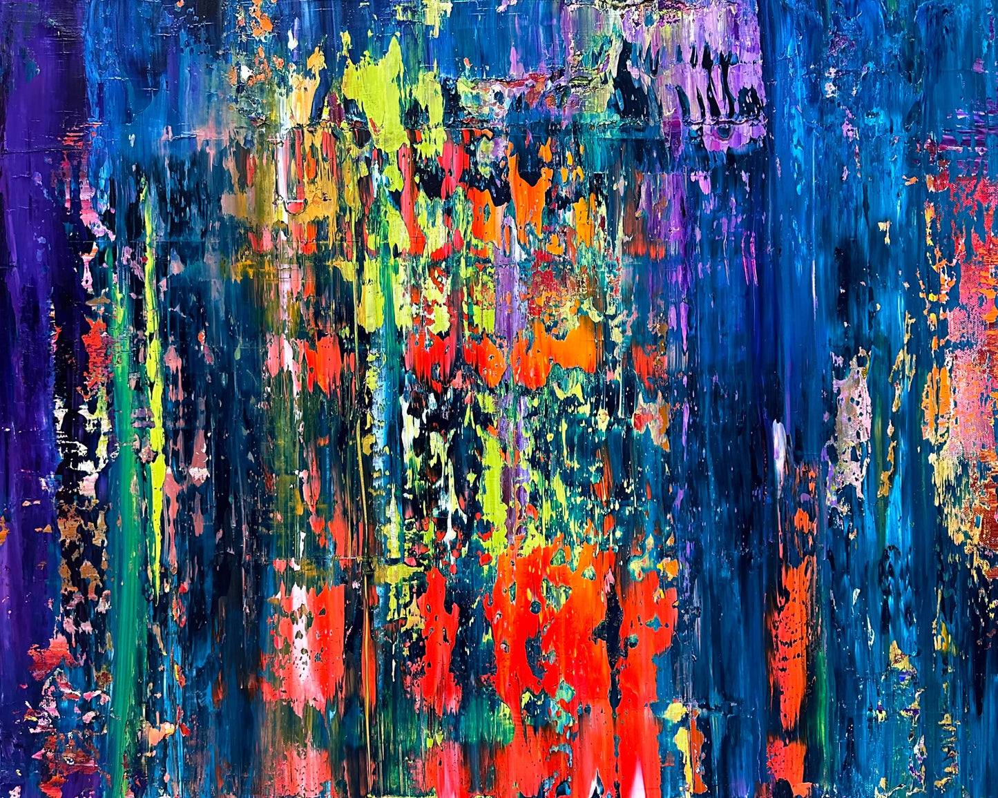 Cognac — vibrant abstract painting with fiery red, orange, blue, and neon green palette-knife textures by artist Maria-Victoria Checa.