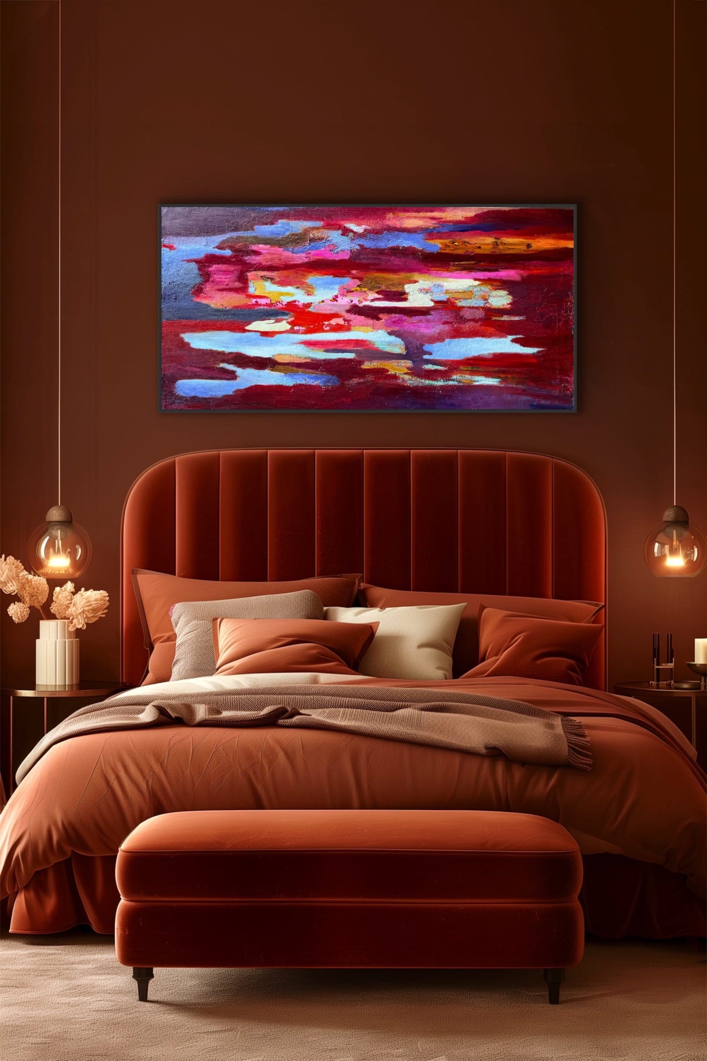 Colorama abstract painting displayed above a bed in a warm terracotta bedroom — original art by Maria-Victoria Checa
