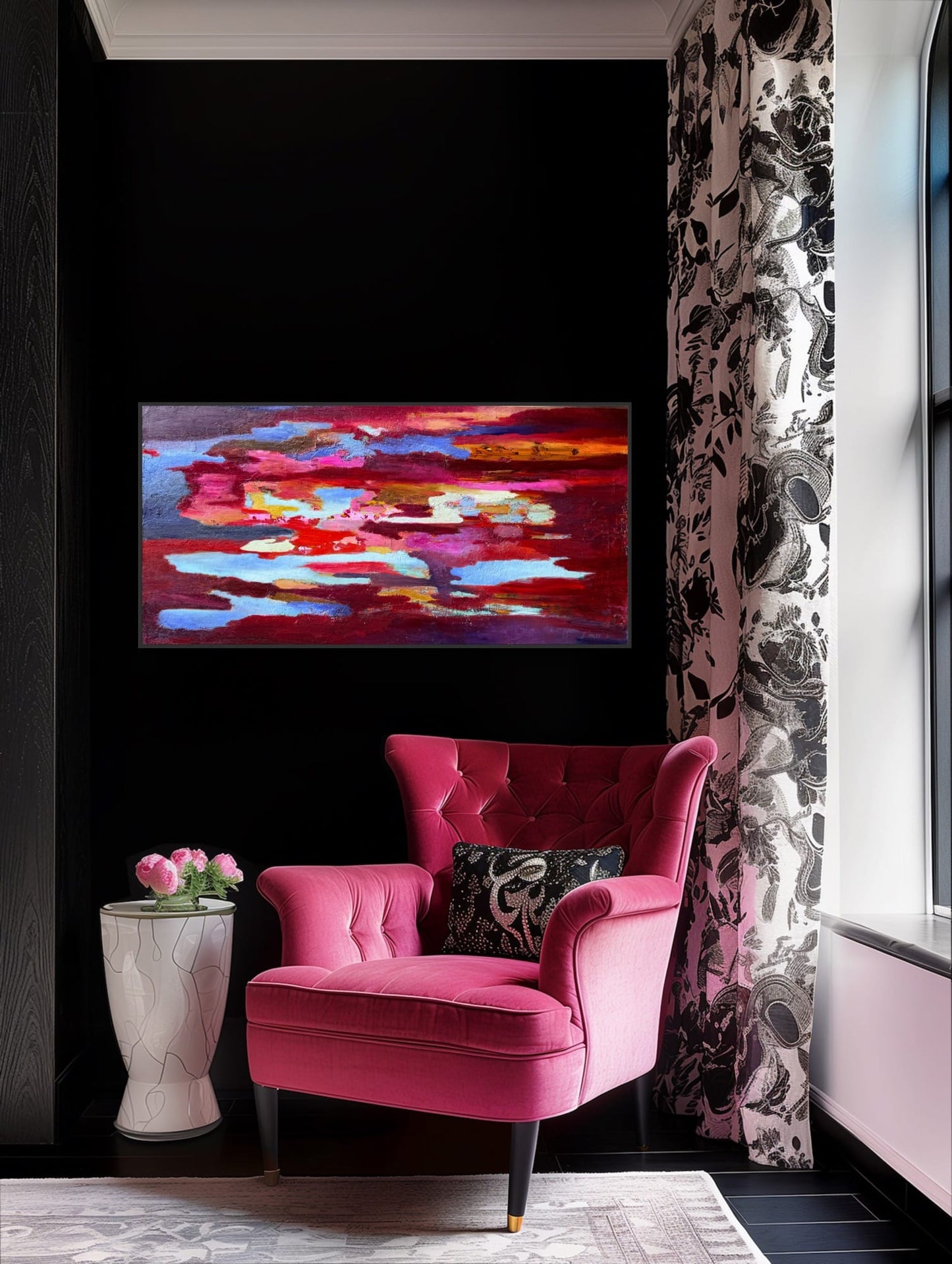 Colorama abstract painting on a dramatic black wall above a pink velvet armchair — original art by Maria-Victoria Checa