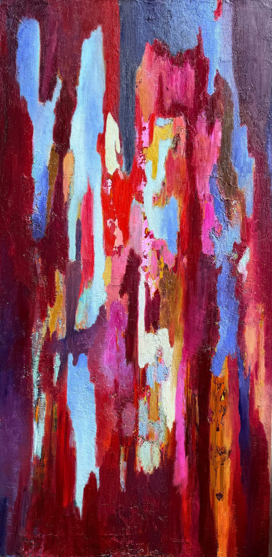 Colorama — original abstract painting, 48" × 24", oil on canvas, by Washington DC artist Maria-Victoria Checa. Bold vertical brushstrokes in crimson, magenta, sky blue, and gold.