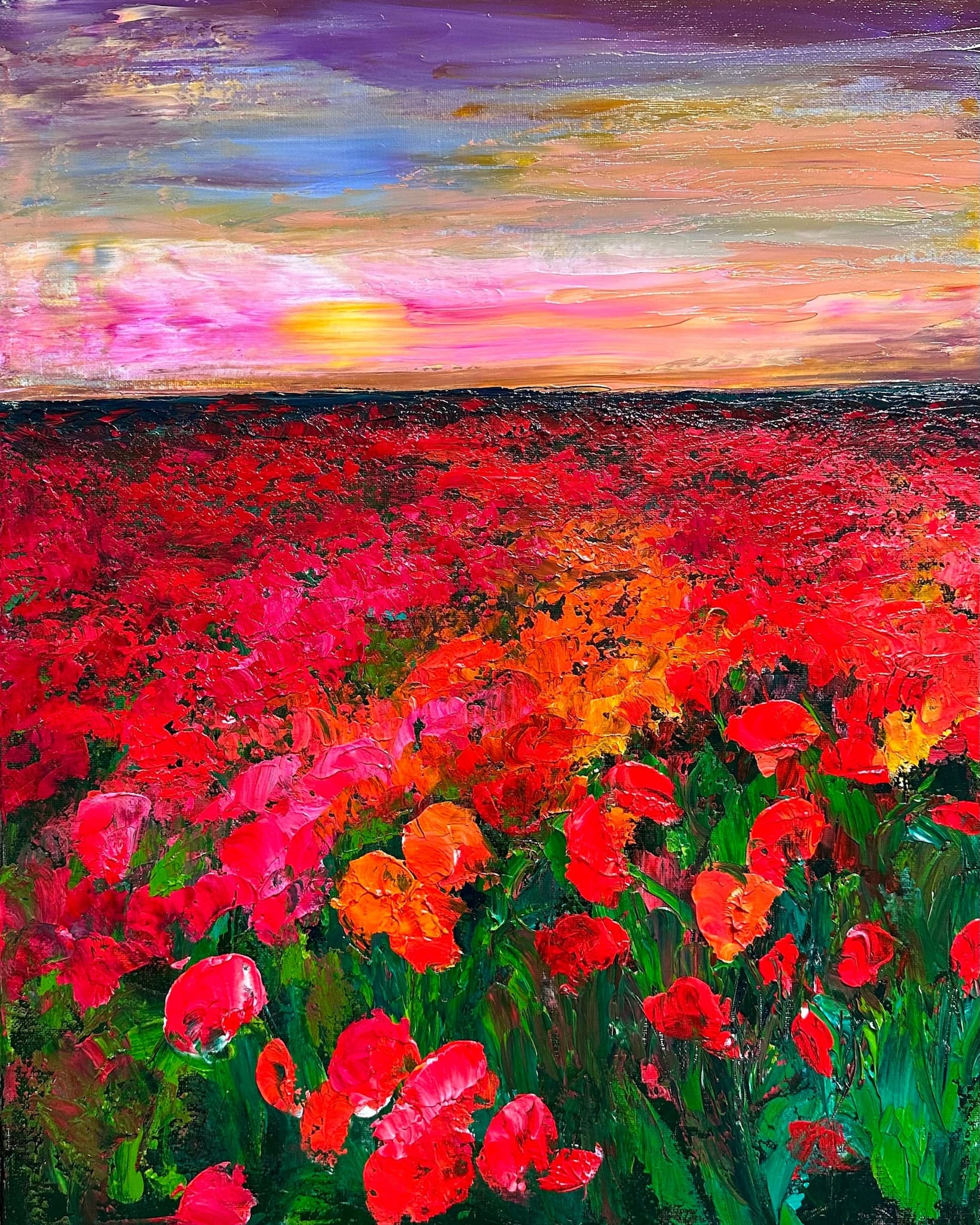 Coquelicots — original acrylic poppy field painting at sunset by Washington DC artist Maria-Victoria Checa
