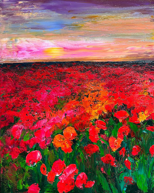 Coquelicots — original acrylic poppy field painting at sunset by Washington DC artist Maria-Victoria Checa