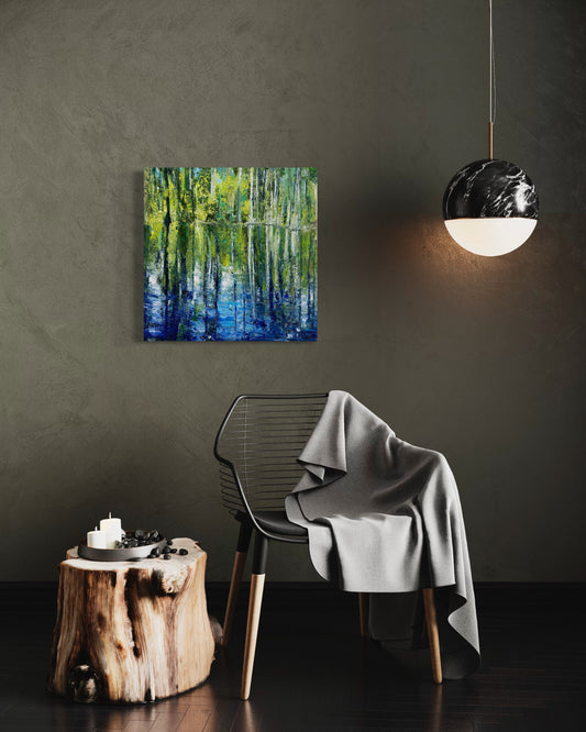 Cypress Gardens by Washington DC contemporary artist Maria-Victoria Checa, impressionist green and blue landscape painting shown in a modern dark interior above a chair.