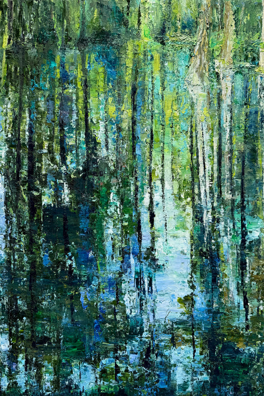 Cypress Gardens Reflection I, an impressionist water reflection oil painting in greens and blues by Washington DC artist Maria-Victoria Checa.