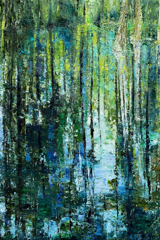 Cypress Gardens Reflection I, an impressionist water reflection oil painting in greens and blues by Washington DC artist Maria-Victoria Checa.