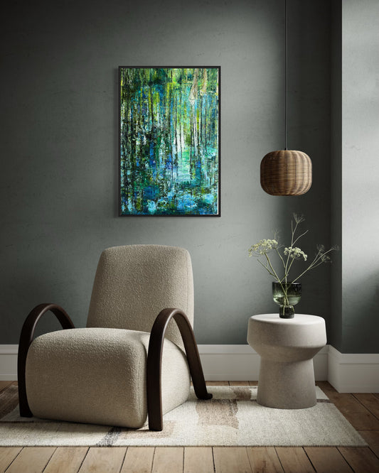 Cypress Gardens Reflection I framed wall art displayed in a modern neutral living room, impressionist landscape by Maria-Victoria Checa.