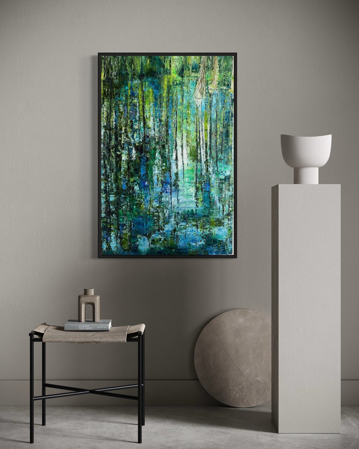 Blue and green abstract water reflection painting styled in contemporary interior design, Cypress Gardens Reflection I by Maria-Victoria Checa.