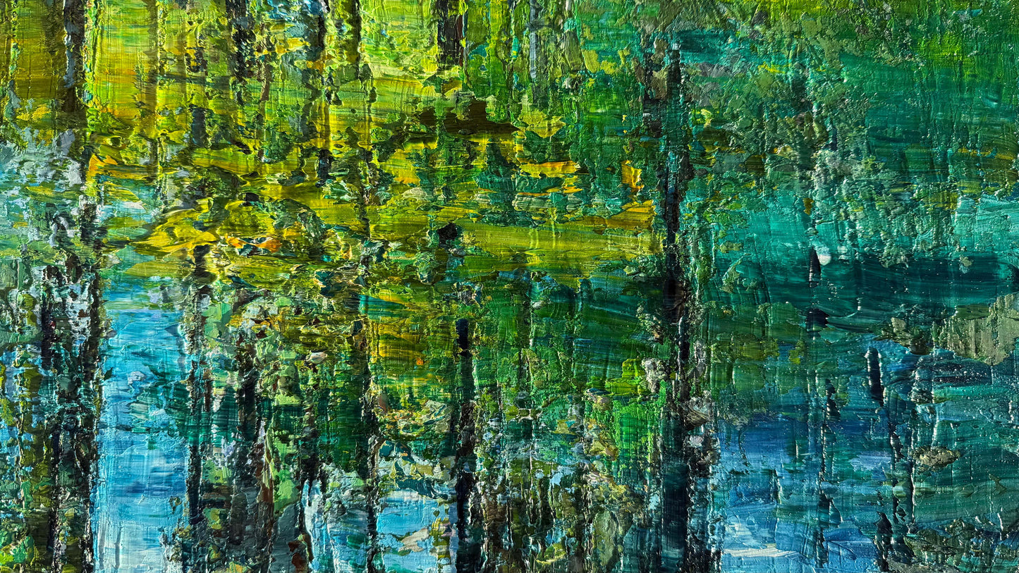 Detail of Impressionist landscape painting by Maria-Victoria Checa showing textured brushstrokes and green-blue water reflections.