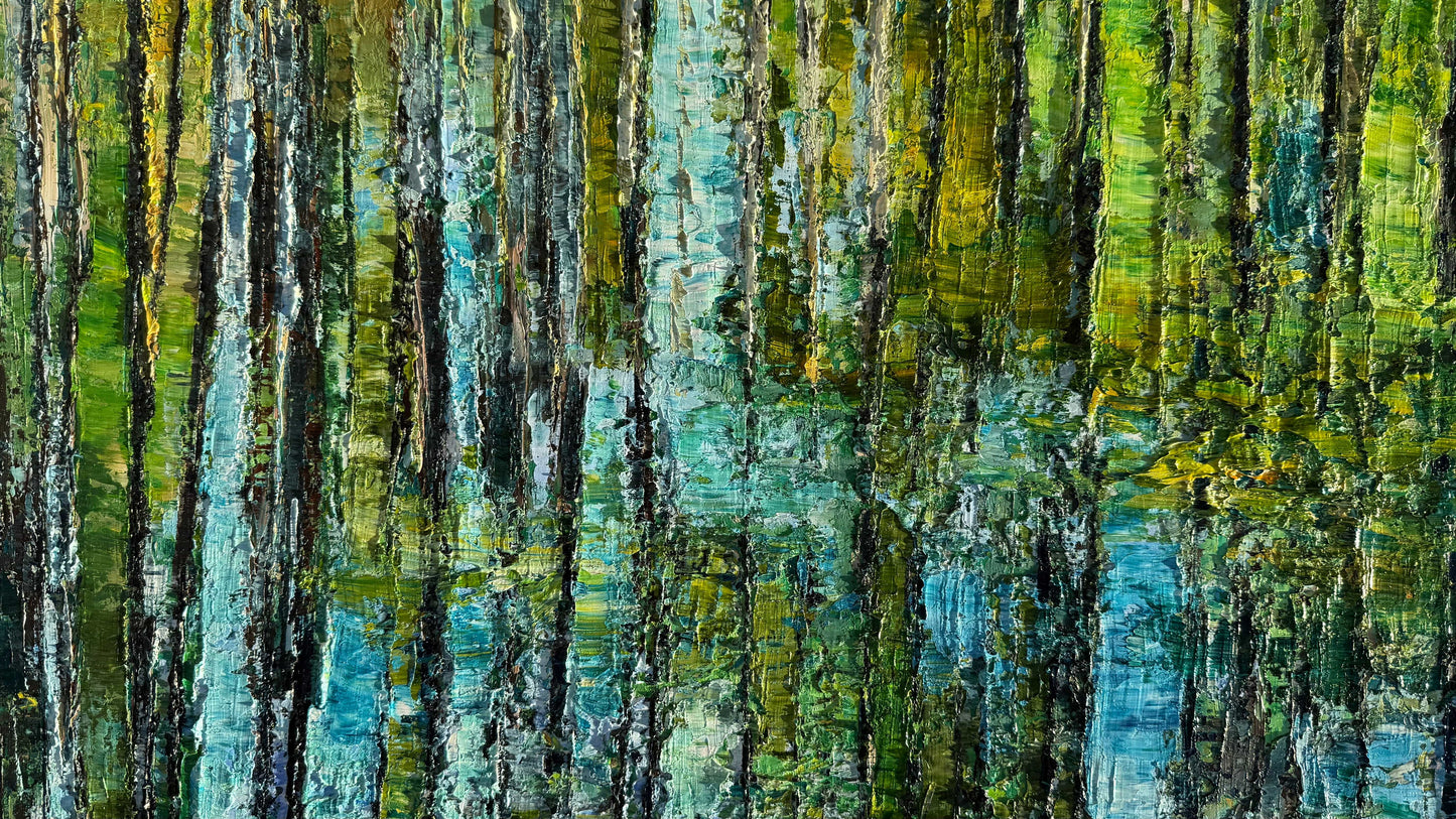 Detail view of cypress tree reflections in water with layered green and turquoise tones by Maria-Victoria Checa.
