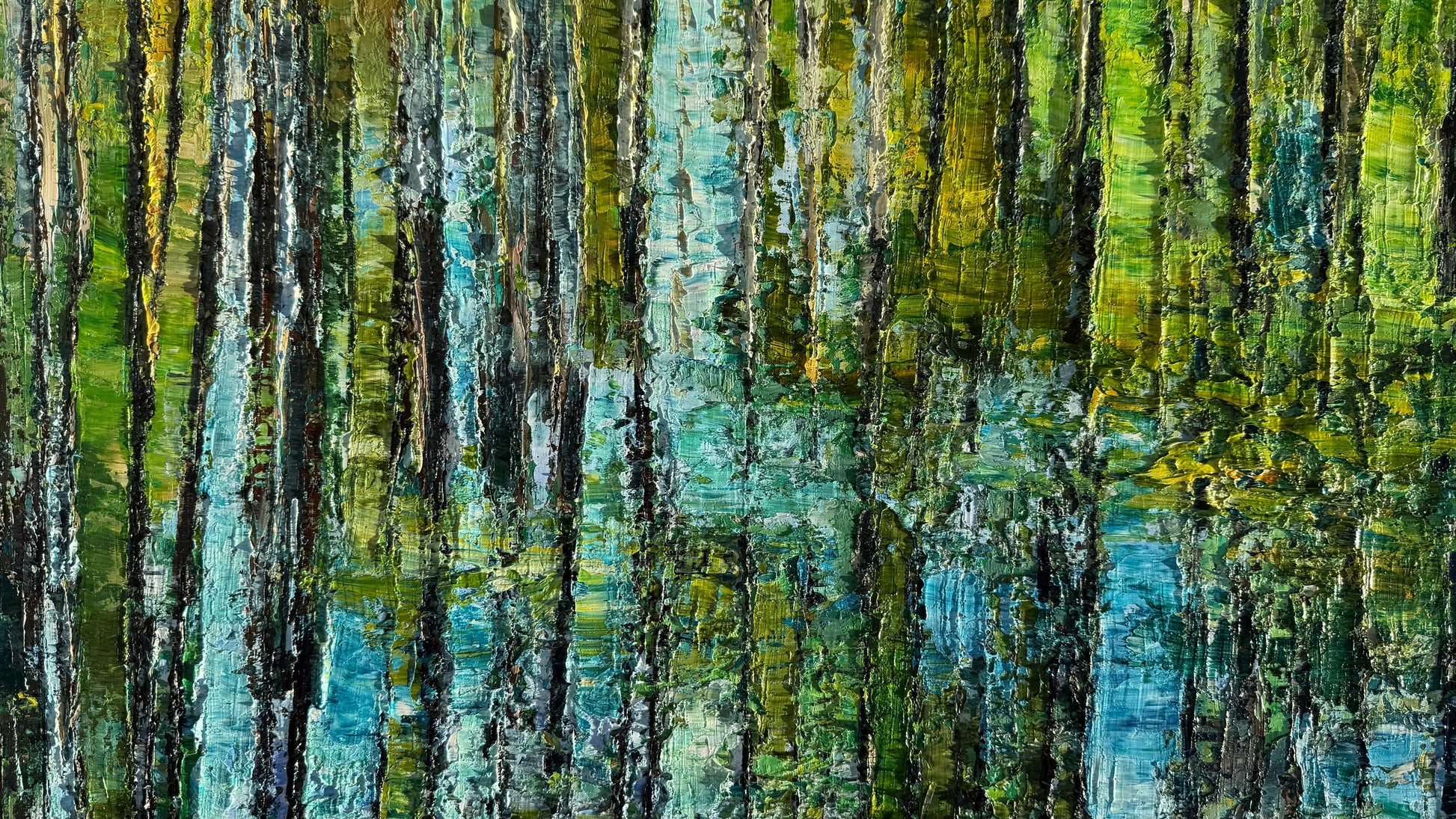Detail view of cypress tree reflections in water with layered green and turquoise tones by Maria-Victoria Checa.