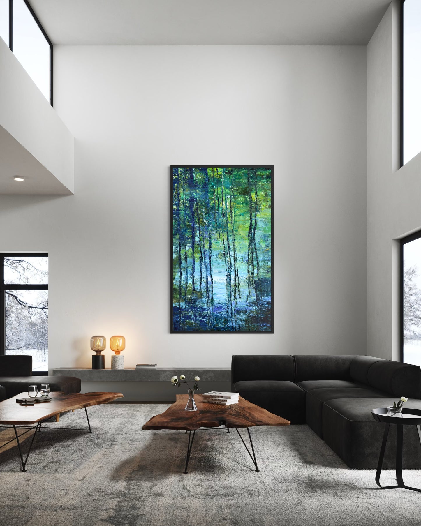 Cypress Gardens Reflection 3 by Maria-Victoria Checa shown in a spacious contemporary room with a black sectional and wood coffee tables. Blue and green abstract landscape painting inspired by cypress gardens and water reflections.