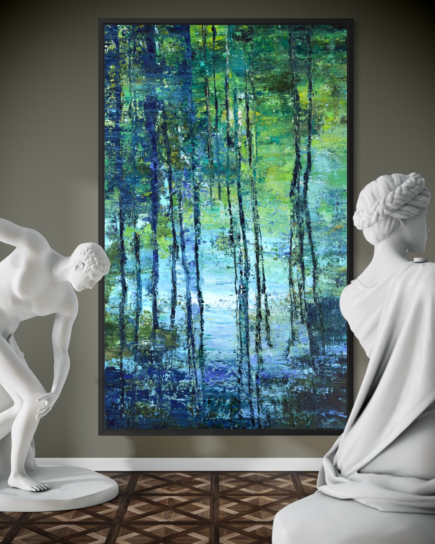 Cypress Gardens Reflection 3 by Maria-Victoria Checa displayed in an elegant gallery-style room with white sculptures and geometric flooring