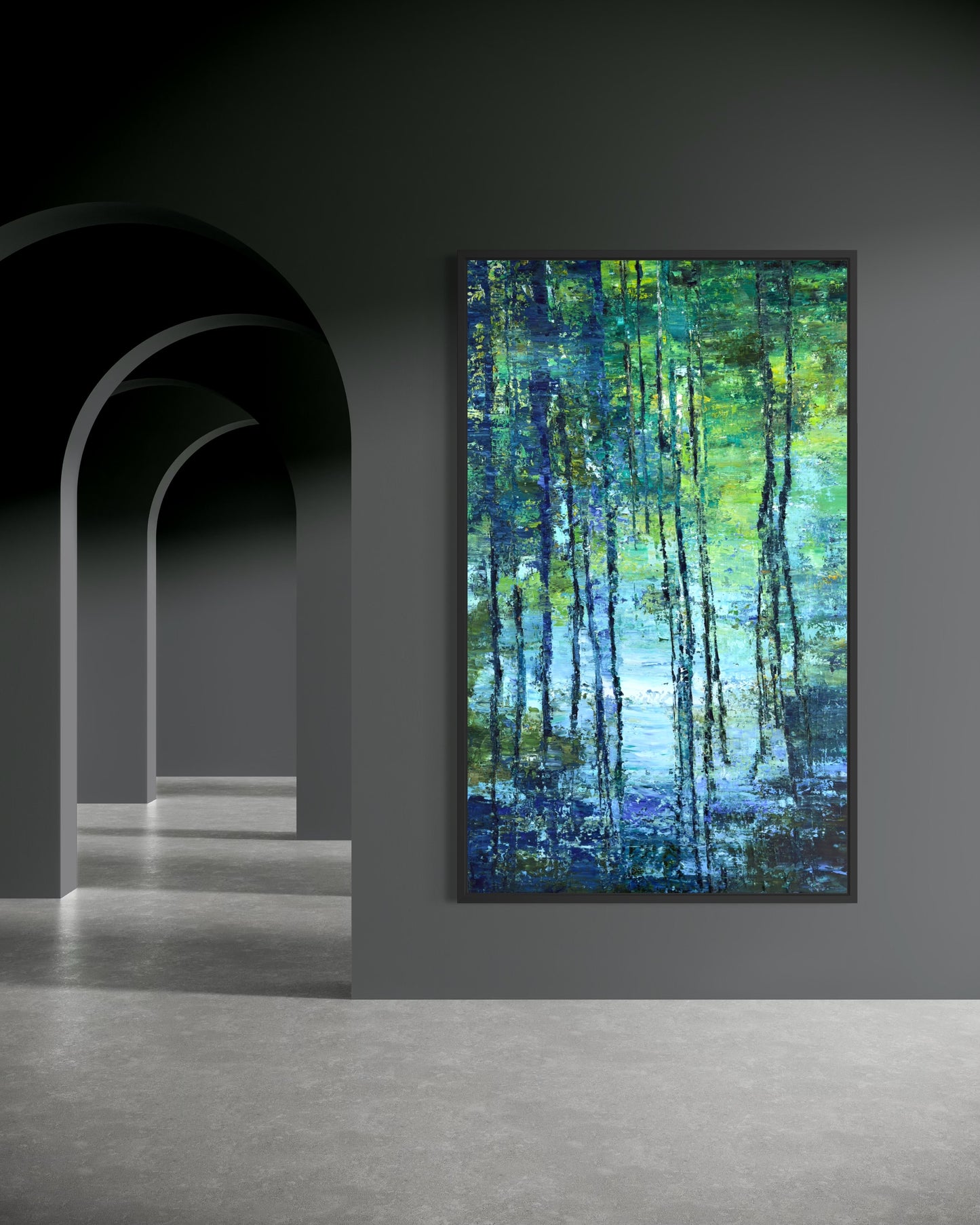 Cypress Gardens Reflection 3 large-scale impressionist landscape painting shown in a dramatic gallery hallway with archways, blue and green cypress reflections.