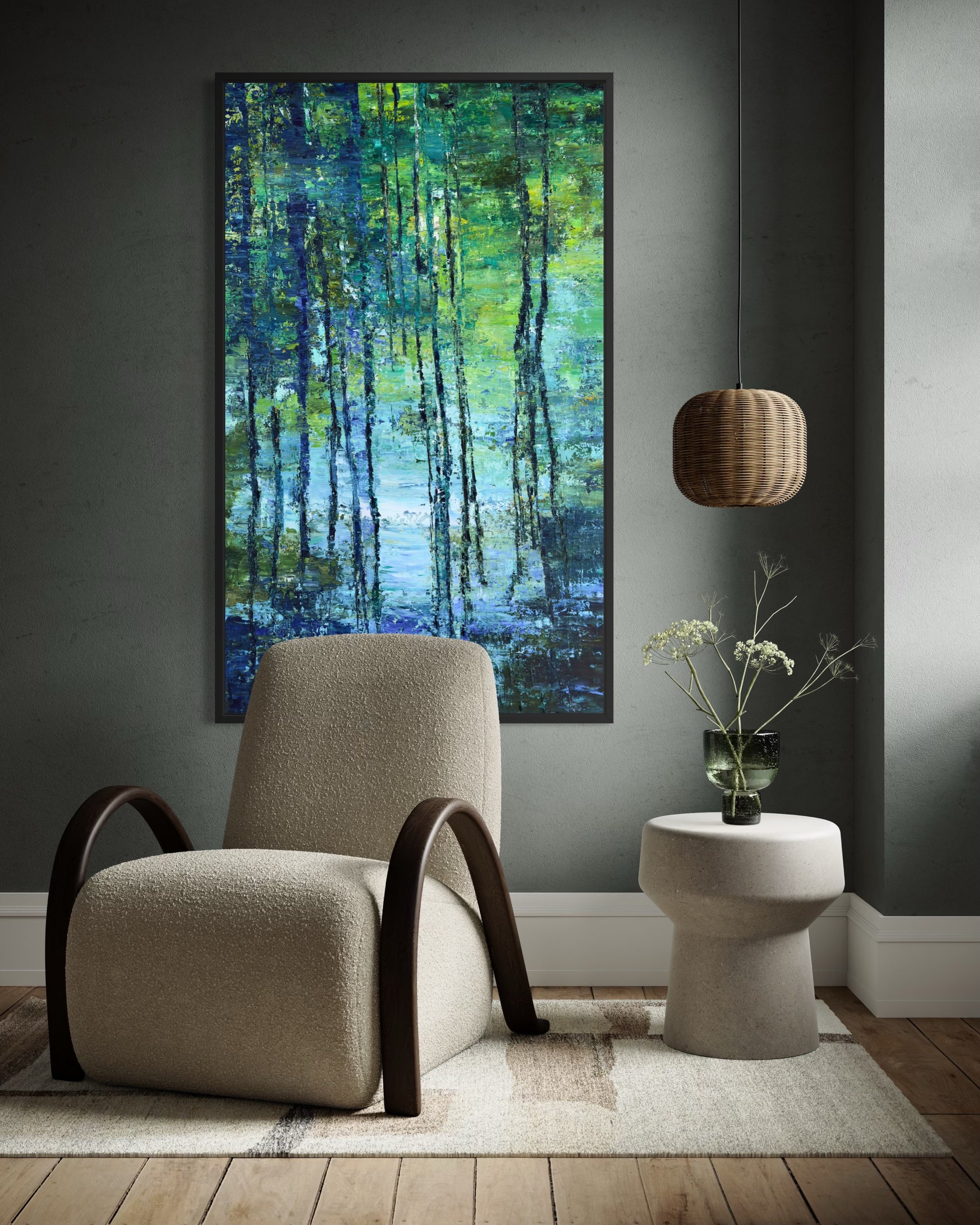Cypress Gardens Reflection 3 by Maria-Victoria Checa displayed in a modern living room with a sculptural armchair and side table, blue and green impressionist cypress reflections.