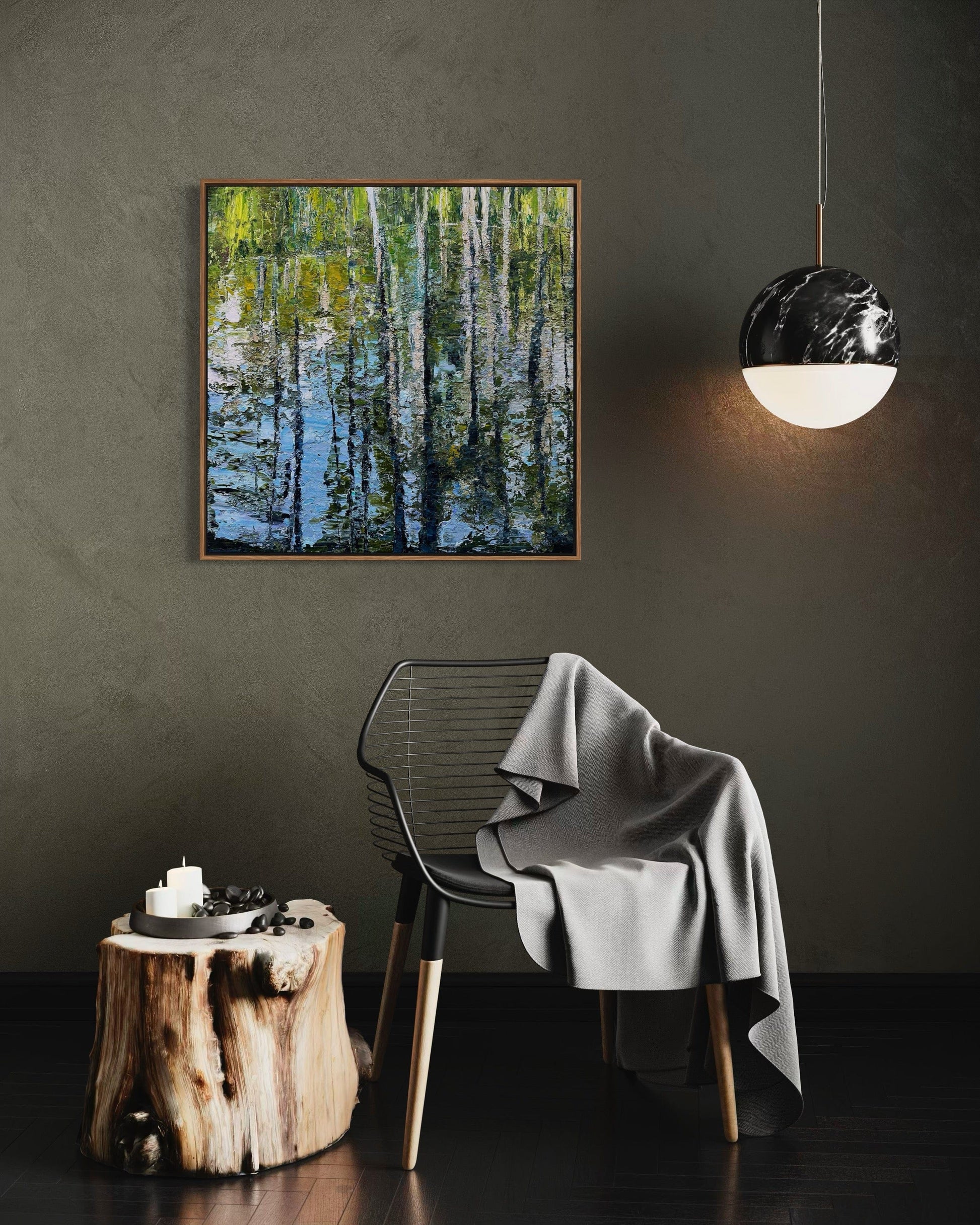 Fine art print of “Cypress Gardens Reflection” by Maria-Victoria Checa displayed in a modern, minimalist interior.