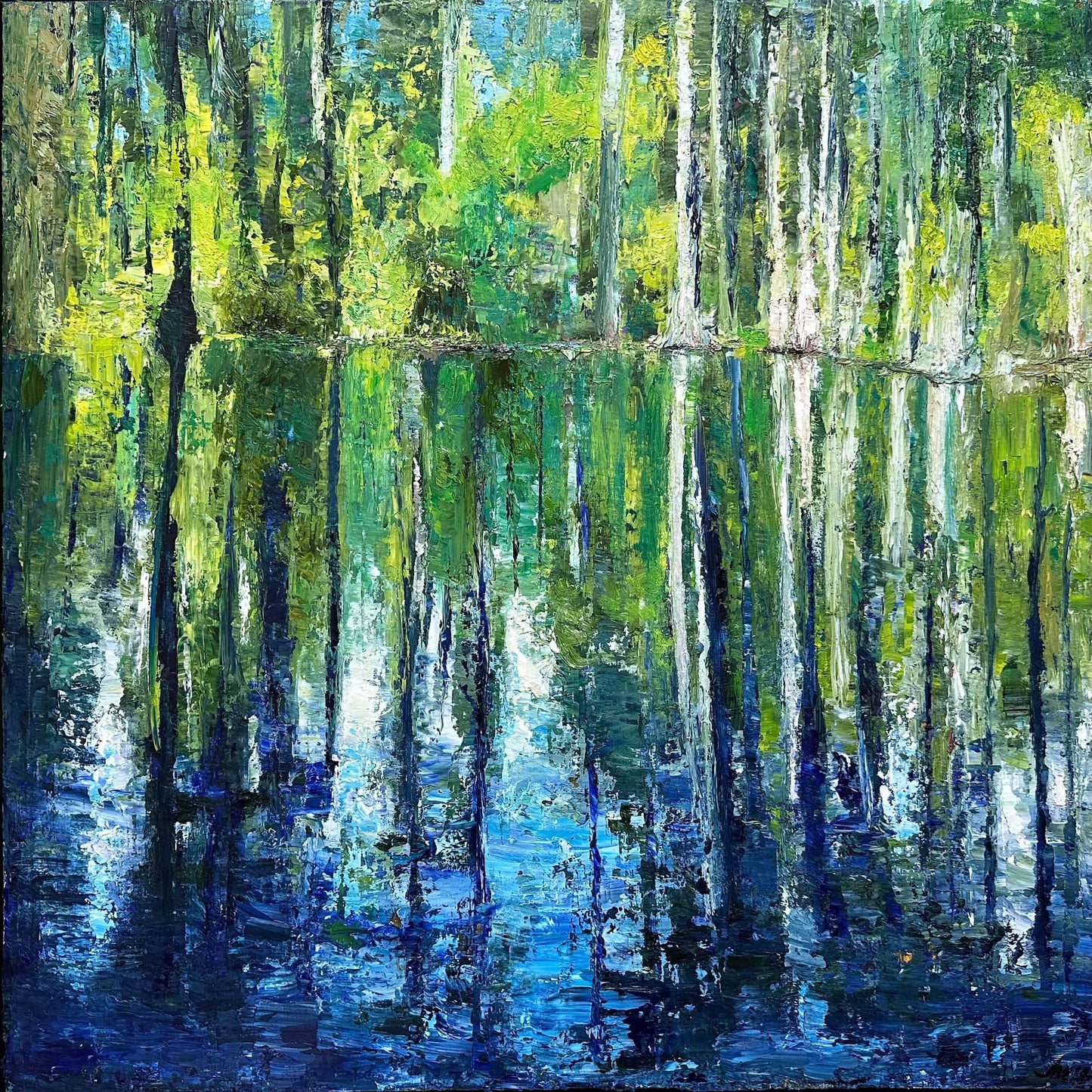 Cypress Gardens Reflection impressionist landscape fine art print by Maria-Victoria Checa featuring tall cypress tree trunks and their reflections in still water with palette knife texture in deep teal, blue, green, and yellow-green