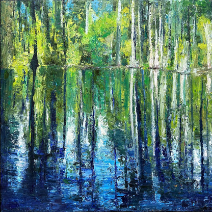 Cypress Gardens Reflection impressionist landscape fine art print by Maria-Victoria Checa featuring tall cypress tree trunks and their reflections in still water with palette knife texture in deep teal, blue, green, and yellow-green