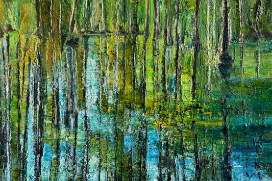 Impressionist landscape painting of a water reflection by Maria-Victoria Checa.