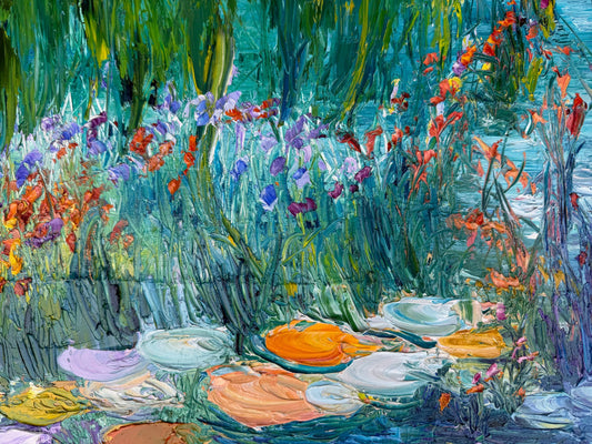Close-up detail of “Daydream” showing textured flowers and vibrant water reflections.