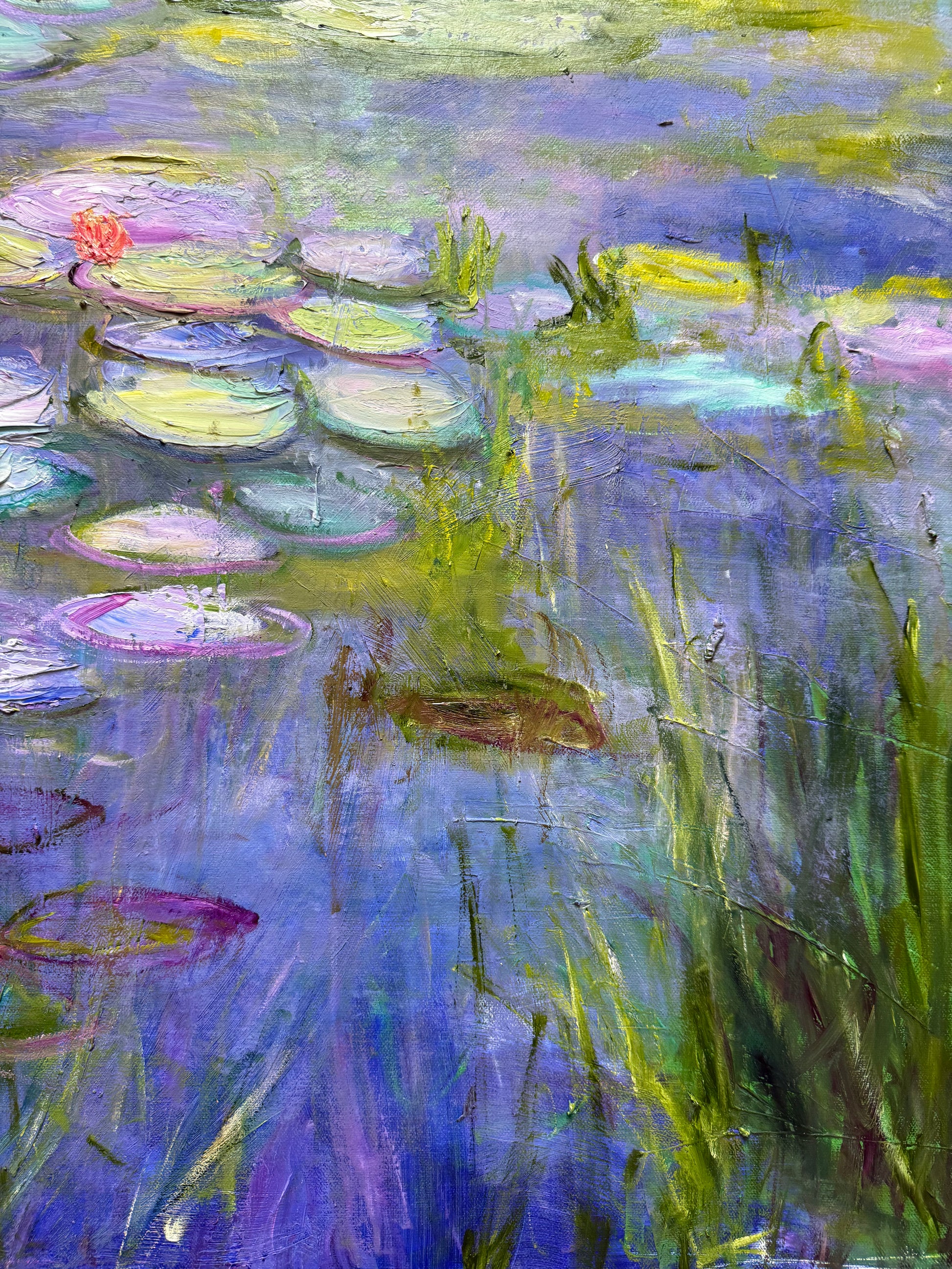 Painting of water lilies and grasses on a pond