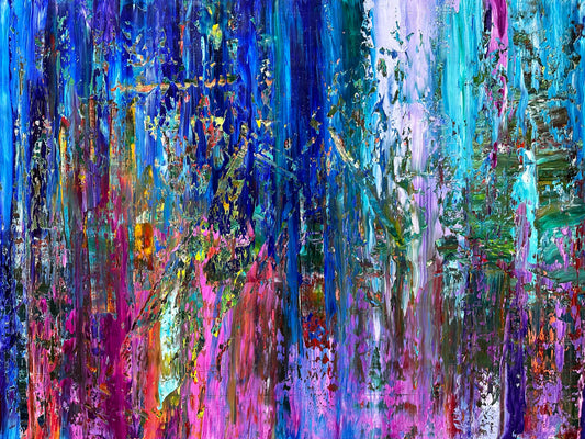 Downpour, a vibrant abstract oil painting by Maria-Victoria Checa featuring bold layered strokes, expressive color, and rich Gerhard Richter–inspired squeegee textures.