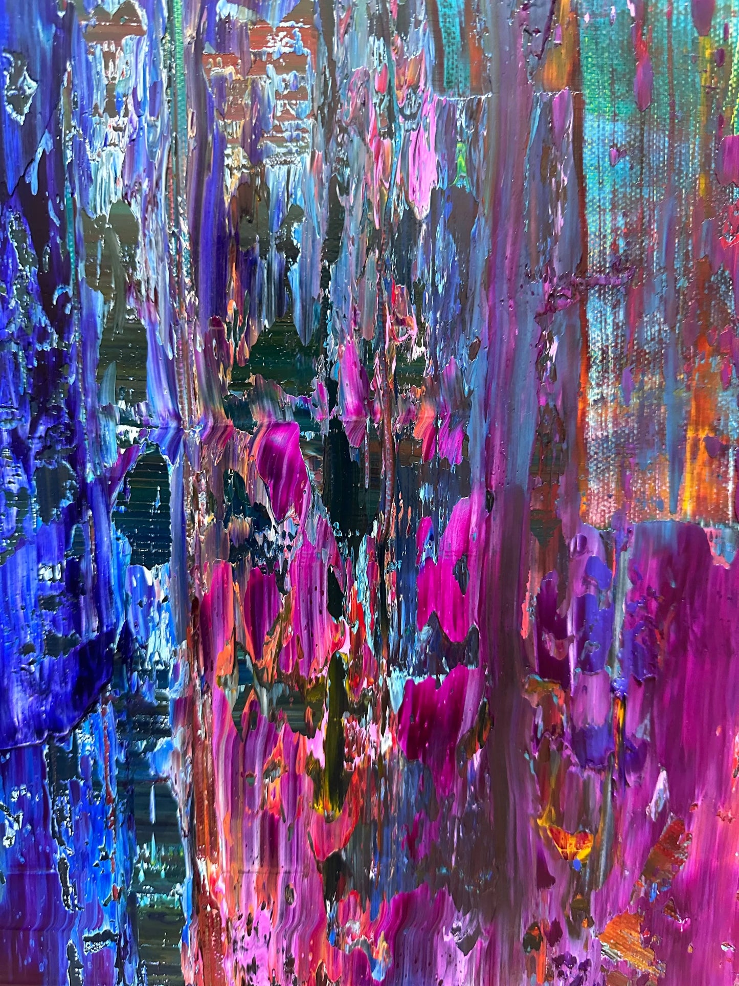 Close-up detail of ‘Downpour,’ a textured abstract oil painting by Maria-Victoria Checa featuring vibrant layers of blue, magenta, purple, and teal created with Gerhard Richter squeegee techniques.