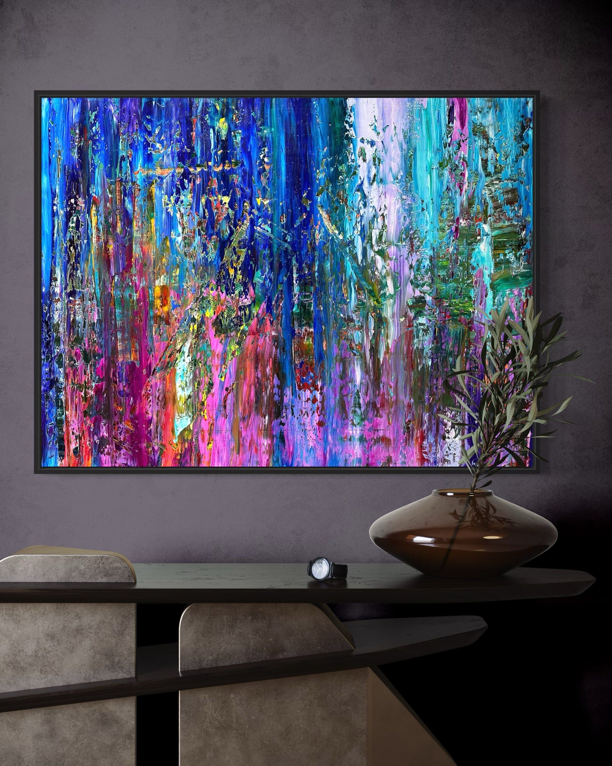Downpour abstract oil painting by Maria-Victoria Checa displayed in a modern living room with textured walls and minimalist decor.