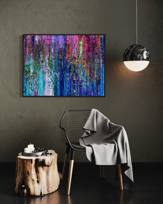 Downpour abstract painting by Maria-Victoria Checa hanging in a moody dark interior above a contemporary chair and pendant light.