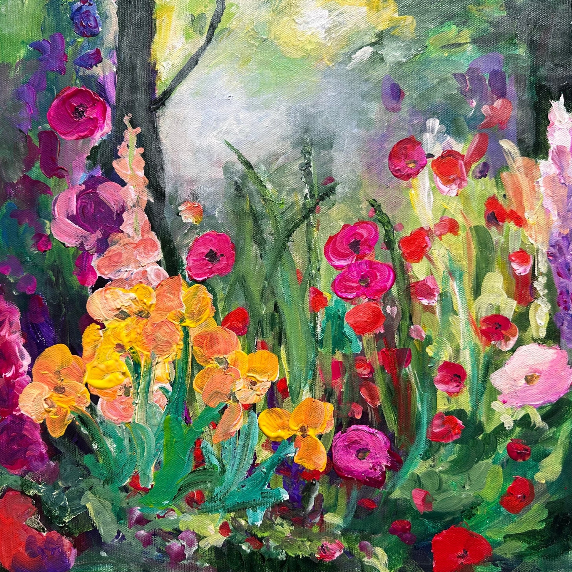 Enchanting Flowers fine art print by Washington, DC–based artist Maria-Victoria Checa featuring vibrant pink, red, and golden blooms in an impressionist garden scene.